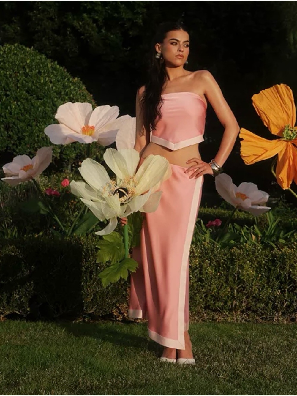 Avec Les Filles Pink Satin Top with Cream Trim